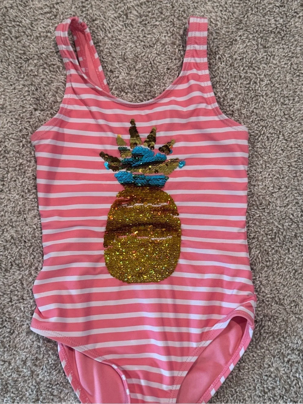 Girls Pink Stripe Pineapple Sequin Gold Sequin One-Piece Swimsuit Size 6